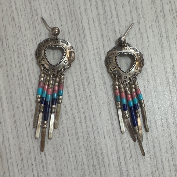 Jewelry - Navajo Sterling Silver Heart Earrings with Long Multi Stone Dangles